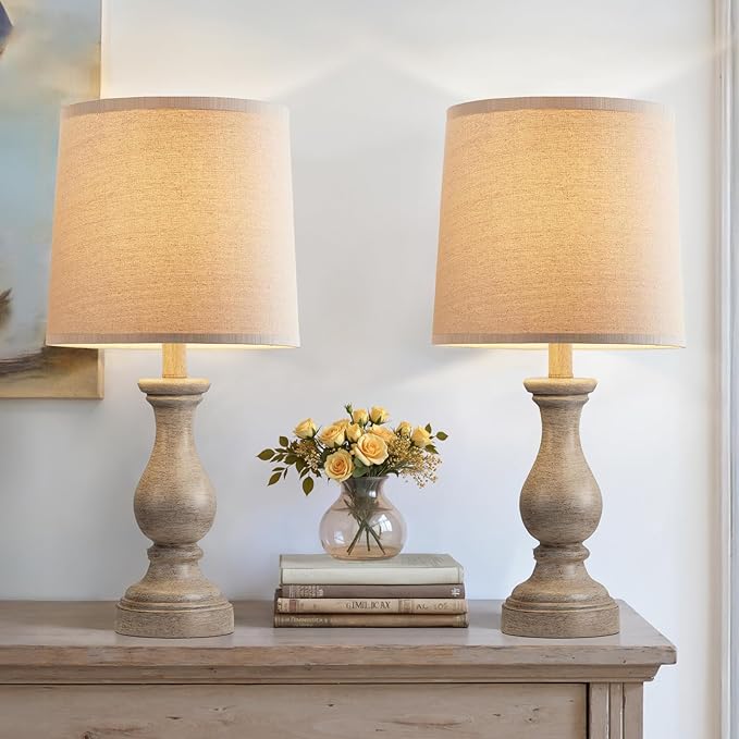 Seealle Farmhouse Table Lamps Set of 2 - Rustic Lamp for Bedroom Living Room, 22" Boho Bedside Lamps for Night Stands End Table Office Desk Lamp Nightstand with Linen Shades(Wood Painted) - Bloomnest
