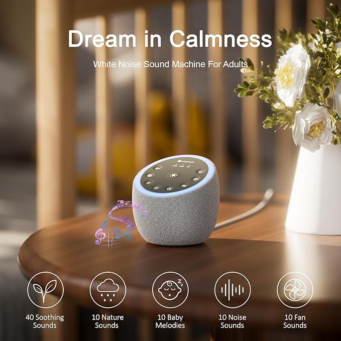 Hotmoon Sound Machine with 40 High-Fidelity Sounds, White Noise Sound Machine with Memory Functions, 8 Color Night Light, USB Power Supply, for Sleep & Noise Reduction Sleep Aid, Plug-in - Bloomnest