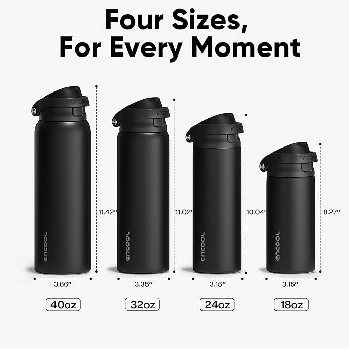 ENCOOL Leakproof Insulated Water Bottle with Straw Dual-Sip Water Bottle Bag-Safe Design for Work, Commute & Gym – Keeps Drinks Cold All Day, 24 oz, Jet Black ENCOOL