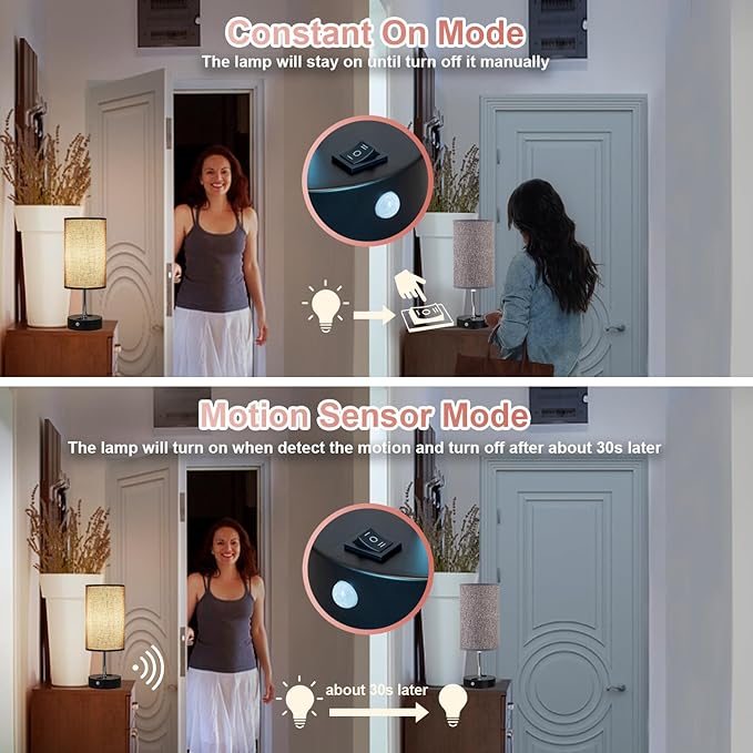 Table Lamps with Motion Sensor and Constant on Two Modes, USB Lamp with Warm White Bulb, Fabric Shade, Built-in USB Port & AC Outlet - Bedside Table Lamp for Bedroom or Living Room - Bloomnest