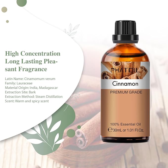 Cinnamon Essential Oil, 1.01Fl.Oz (30ML) PHATOIL Pure Essential Oil Singles for Aromatherapy Diffusers, Humidifiers, Great for DIY Candle and Soap Making, Gift for Friend - Bloomnest