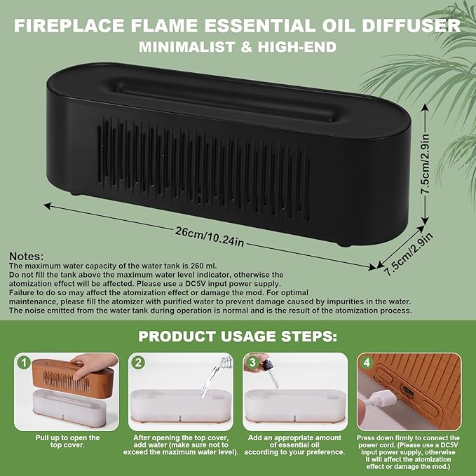 Volcano Humidifier Flame Fire Diffuser: 260ml Super Quiet Essential Oil Diffuser with 7 Colors Flame Light Spray Scent Humidifier with Waterless Auto Shut-Off Protection for Yoga Gym (Black) MINGPINHUIUSFeatured