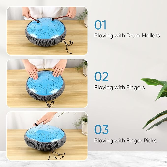 Steel Tongue Drum 12 Inch 15 Notes: Handpan Drums Set with Music Book Mallets Carry Bag - Hand Pan Instrument for Adults Musical Education Meditation Yoga Chakra (Blue)