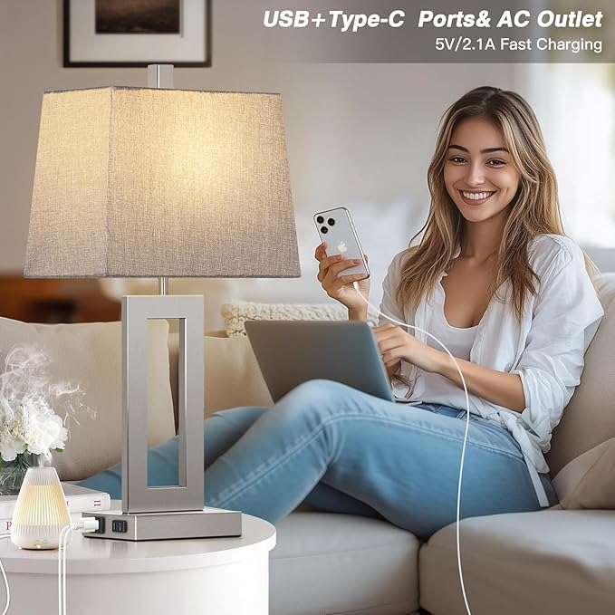 Touch Control Table Lamp Set of 2, Modern Silver Bedside Lamps with USB C+A Ports & AC Outlet, 3 Way Dimmable Bedroom Lamps for Night Stands Bedroom Living Room,Nightstand Lamp - Bloomnest