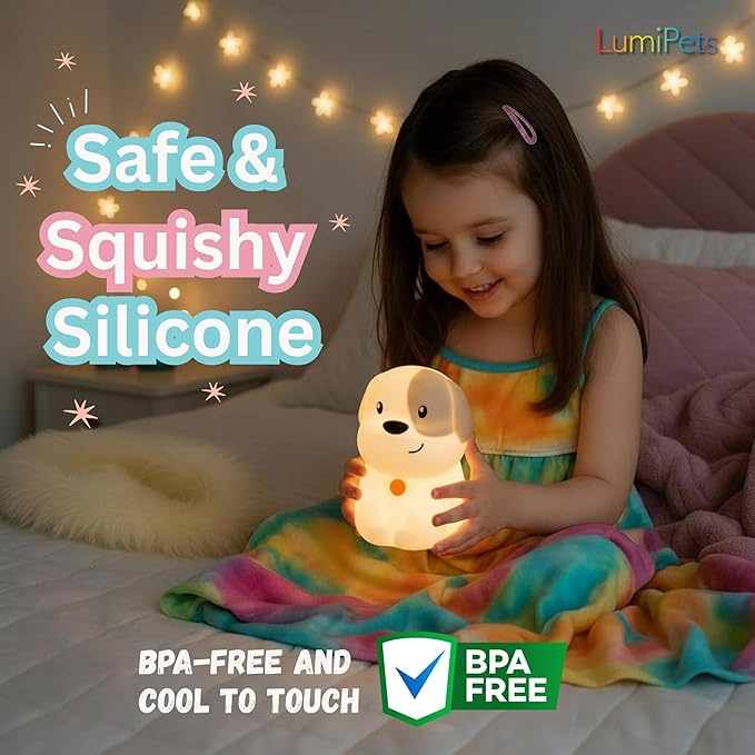 Lumipets Pepper The Puppy Dog Squishy Silicone Night Light for Kids | Cute Night Light with Remote & Touch Control for Baby & Toddler Bedrooms | Color Changing Animal Lamp | Soft Portable Nightlight - Bloomnest