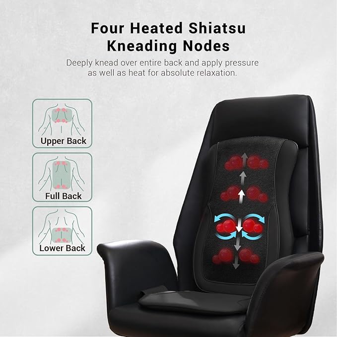 Mynt Black Acupressure Massage Chair Pad with 4 Deep Kneading Nodes, Shiatsu Back Massager for Chair with Heat, Heated Back Massage with a Cushion for Deep Tissue, Gift for Christmas - Bloomnest