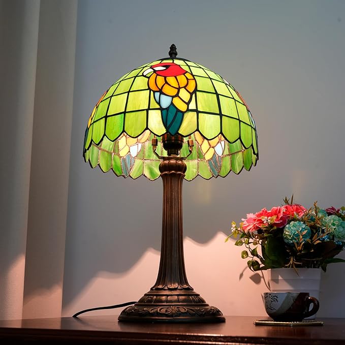 Tiffany Lamp Parrot Green Bedroom Table Lamp Stained Glass Reading Bedside Light for Home Living Room Office Dormitory Dining Room Decorate 12X12X18 inch Desk Light Include LED Bulb - Bloomnest