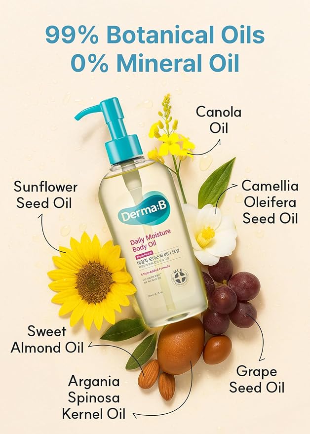 Derma B | Daily Moisture Body Oil | 99% Natural Argan & Sweet Almond Oil | Shower Oil for Dry Sensitive Skin | Light & Long-Lasting Hydration | Skin Body Care Oil with Peach Scent | 6.78 fl oz (200ml) - Bloomnest