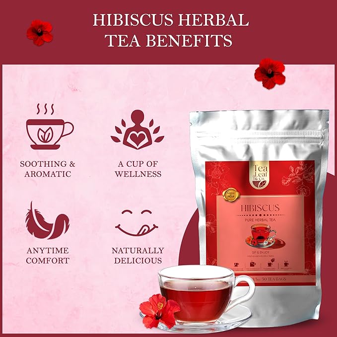 Tealeaf & Co. Hibiscus Tea with Hibiscus Flowers Extract - Pure Herbal Tea Bags Blended with Fresh Herbs - Flavored Herbal Blend - Low Caffeine - Gluten Free - 50 Teabags - Bloomnest