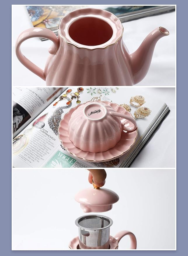 Amazingware Royal Teapot, Porcelain Tea Pot with Stainless Steel Infuser, with a Filter for Loose Tea, Pumpkin Fluted Shape - 28 oz, Pink - Bloomnest