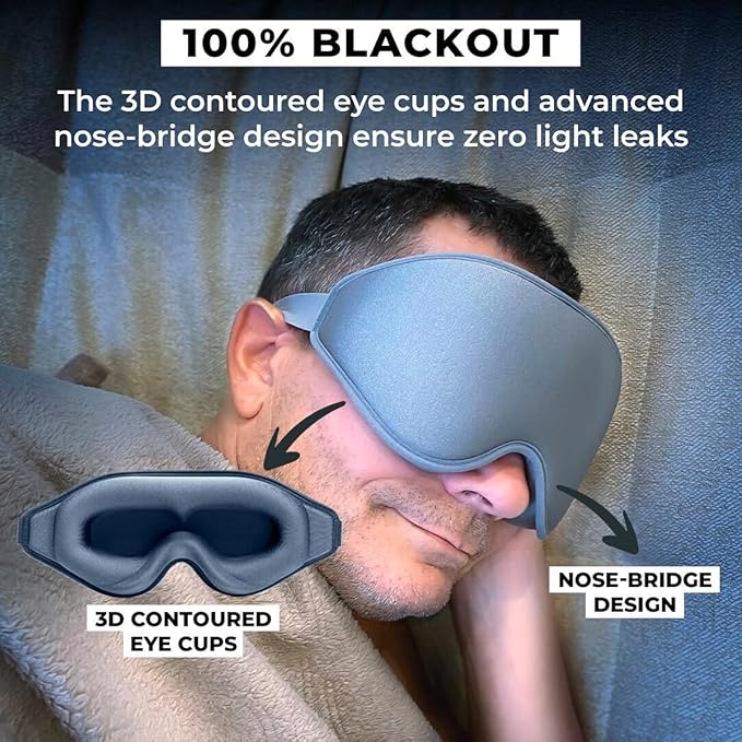 FlyHugz® 3D Travel & Home Sleep Mask | Ultra-Soft, 100% Light-Blocking Eye Mask for Deeper Sleep | Zero Eye Pressure, Adjustable Strap with Nose Bridge Design | Perfect for Travel and Insomnia - Bloomnest