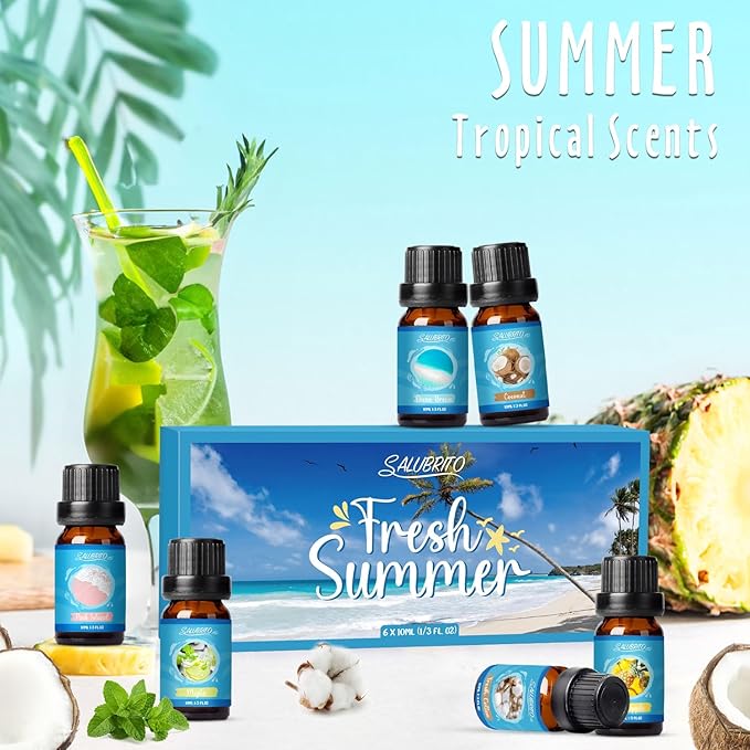 SALUBRITO Summer Fragrance Oils Set, Premium Essential Oils Set for Diffuser, Candle, Soap Making, Fresh Cotton, Coconut, Mojito, Pineapple, Ocean Breeze, Pink Island, Strong Scented Oils - Bloomnest