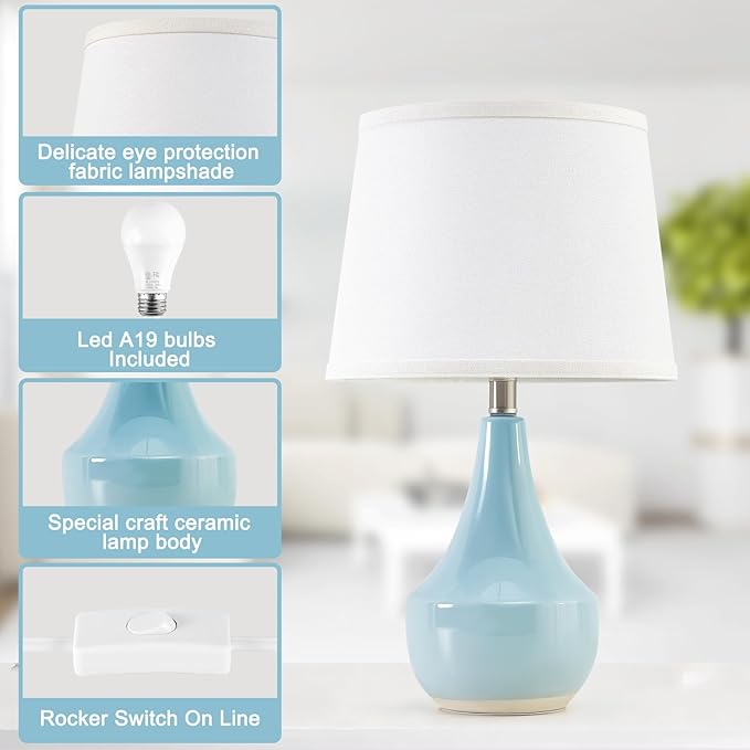 GyroVu Table Lamp Set of 2, 18.63” Ceramic Lamp Classic Beside Lamps Nightstand Lamp Modern Cute Lamp for Living Room, Bedroom & Office Rocker Swtich Sky Blue-LED Bulbs Included - Bloomnest