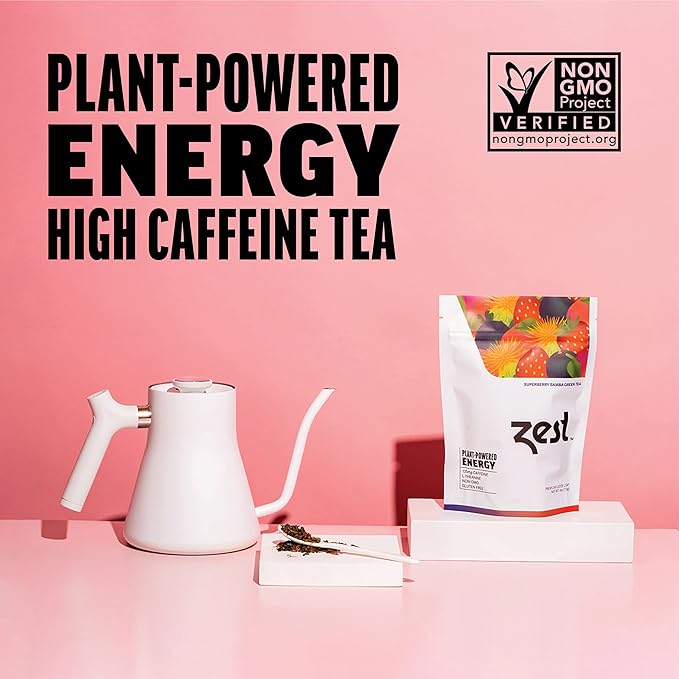 Zest Energy Green Tea - Superberry Samba Loose Leaf - High Caffeine Strawberry & Passion Fruit - Caffeinated Coffee Altnernative with Antioxidants - Natural, Non-GMO & Keto - 50 Servings - 135mg Caf - Bloomnest