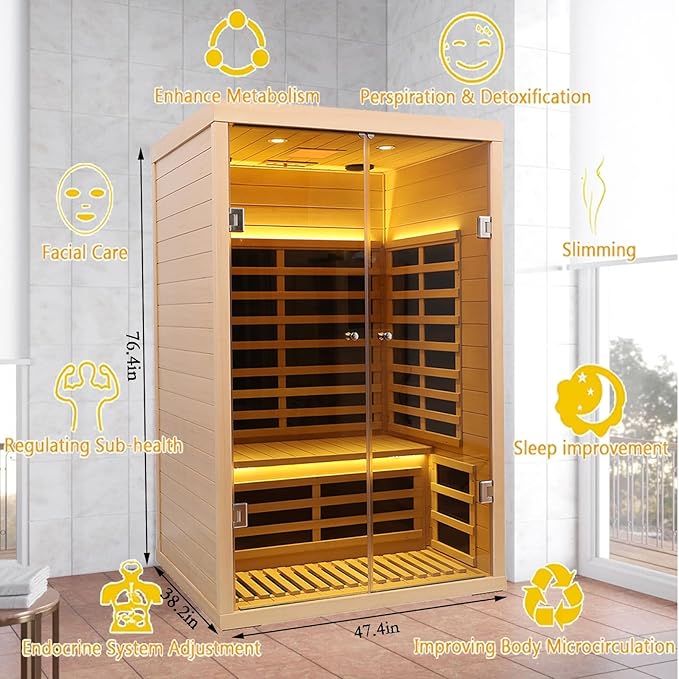 Smart App Control 2 Person Ultra Low EMF (＜5mG) Far Infrared Sauna for Home,1780W Hemlock Indoor Sauna Spa with Touch Panel, Insulation Cover, Bluetooth Speaker, Chromatherapy Light, Reading Light KUNSANA