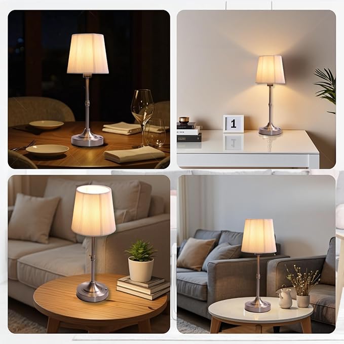 Rechargeable Table Lamp, Cordless Touch Lamps, Portable Desk Light with Stepless Dimmable Brightness & Fabric Shade for Nightstand Bedside Living Room (Silver, Twill) - Bloomnest