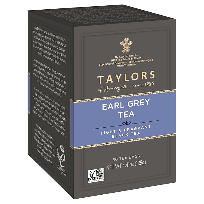 Taylors of Harrogate Earl Grey, Black Tea, Pillow Bags, 50 Count (Pack of 6), Fragrant, Delicate & Light, Caffeinated, Enjoy Hot or Iced, 300 Teabags Total - Bloomnest