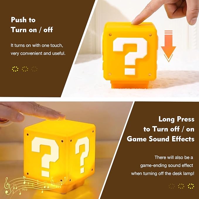 TLAOTNIY Super Bros Mini Question Block Night Lights - USB Powered Bedside Lamp with Game Sound Effects - Gift for Friends & Fans - Bloomnest