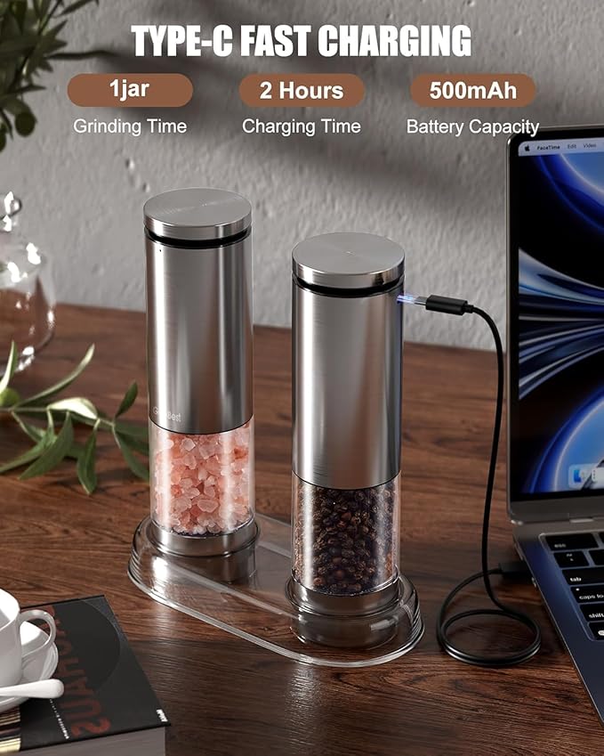 GiveBest Electric Salt and Pepper Grinder Set – Rechargeable Stainless Steel Mills, 100 ml Automatic Shakers Set with 6-Level Adjustable Coarseness and Light, Upgraded Larger Capacity - Bloomnest