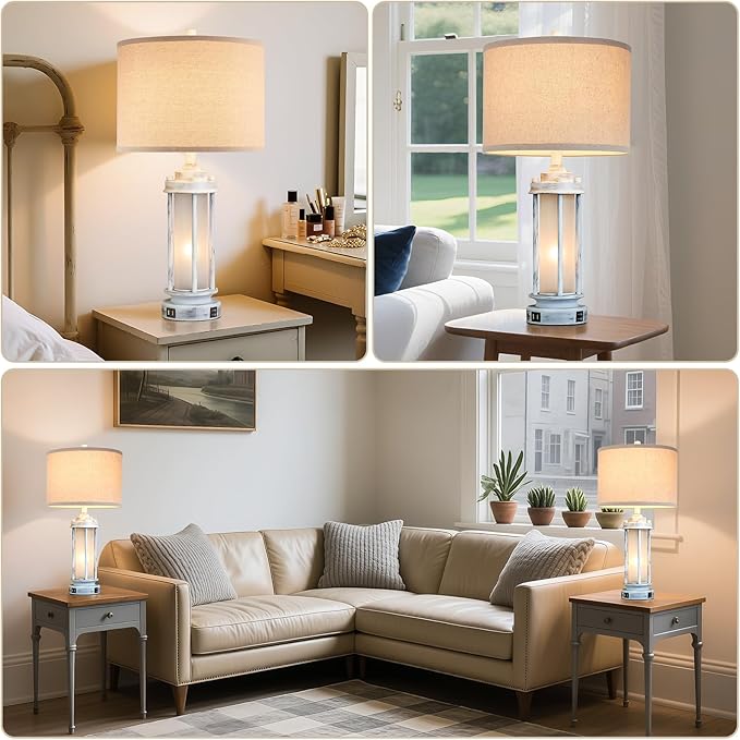 25" Rustic Table Lamps Set of 2, Vintage Nightstand Lamps with 2 USB Ports, Farmhouse Antique White Desk Lamp with Glass Night Light for Living Room Bedroom Dorms, 4 Bulbs Included - Bloomnest