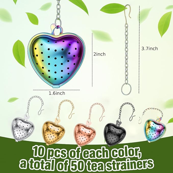 Sumind 50 Pcs Stainless Steel Tea Strainer Ball Infuser Loose Leaf Steeper Interval Diffuser Heart Shape Mesh Filters with Extended Chain Hook for tea party Seasonings Cup Bottle (Multicolor) - Bloomnest
