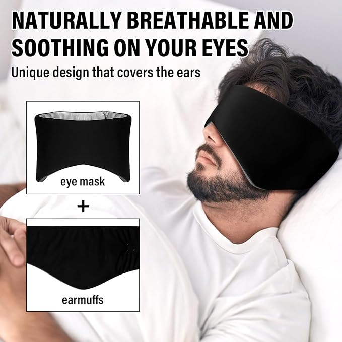 Sleep Mask, Eye Mask for Sleeping with Heads Adjustable, Earmuffs for Sleep for Men & Women, 2 in 1 Ear Mask and Blindfold, Soft Dual-Sided All-Season Eye Cover for Side Sleepers (Black) - Bloomnest