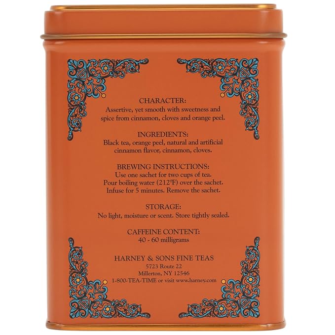 Harney & Sons Caffeinated Hot Cinnamon Sunset Black Tea with Orange and Cloves Tin 20 Sachets (Pack of 1) - Bloomnest