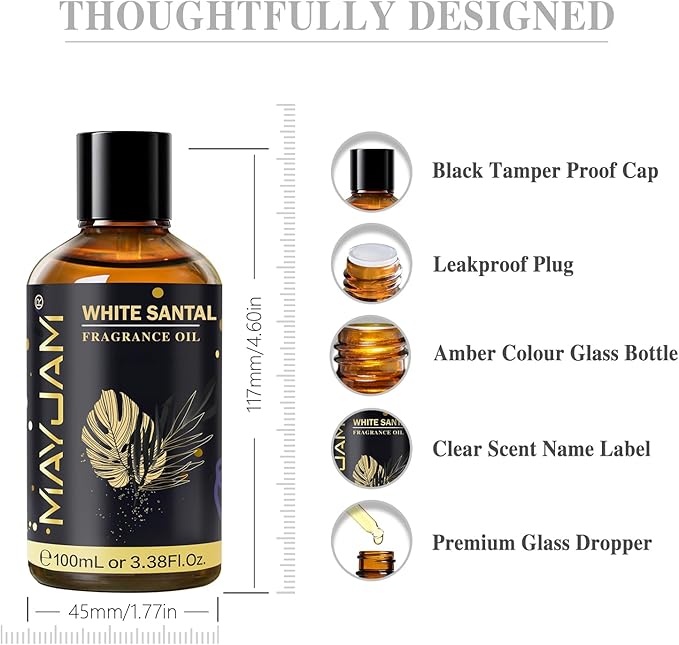 White Santal Fragrance Oil Essential Oil, MAYJAM 3.38FL.OZ White Santal Oil for Diffusers for Home, Long Lasting Scented Oils for Soap Candle Making - 100ML MAYJAM