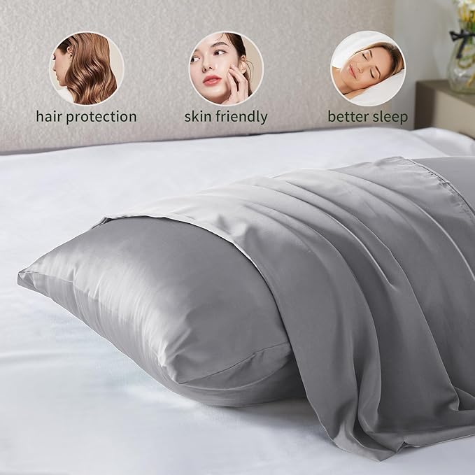 Silk Pillow Cases 2 Pack Mulberry Silk Pillowcases Soft Breathable Both Sided Natural Silk Pillowcase with Zipper Beauty Sleep Pillow Cases for Gift(King,Silver Gray) - Bloomnest