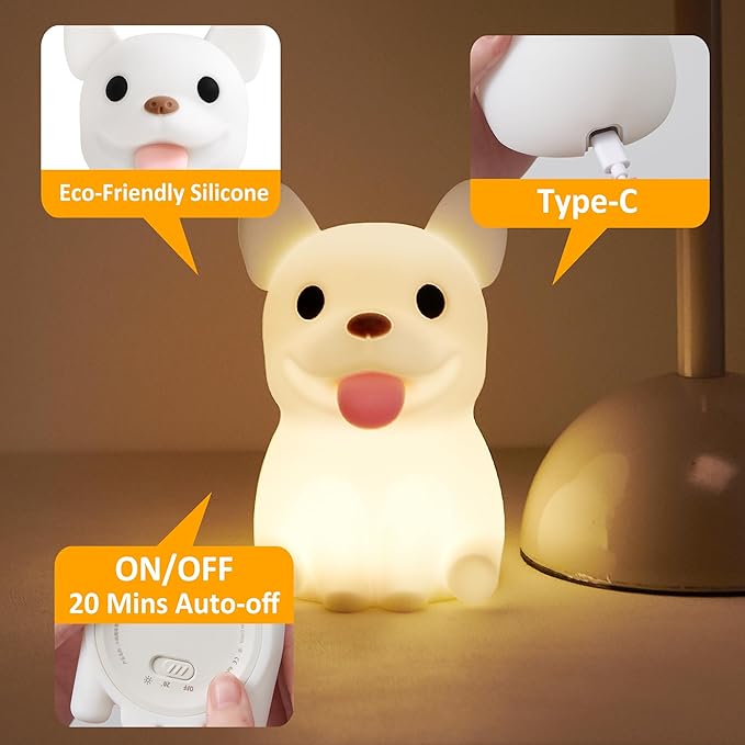 Attivolife Funny Dog Night Light, Puppy Bulldog Animal Silicone LED Touch Lamp with Timer Dimmable, USB Rechargeable Feeding Toddler Bedroom Bedside Decor Birthday Xmas Gifts for Kid Baby Child - Bloomnest