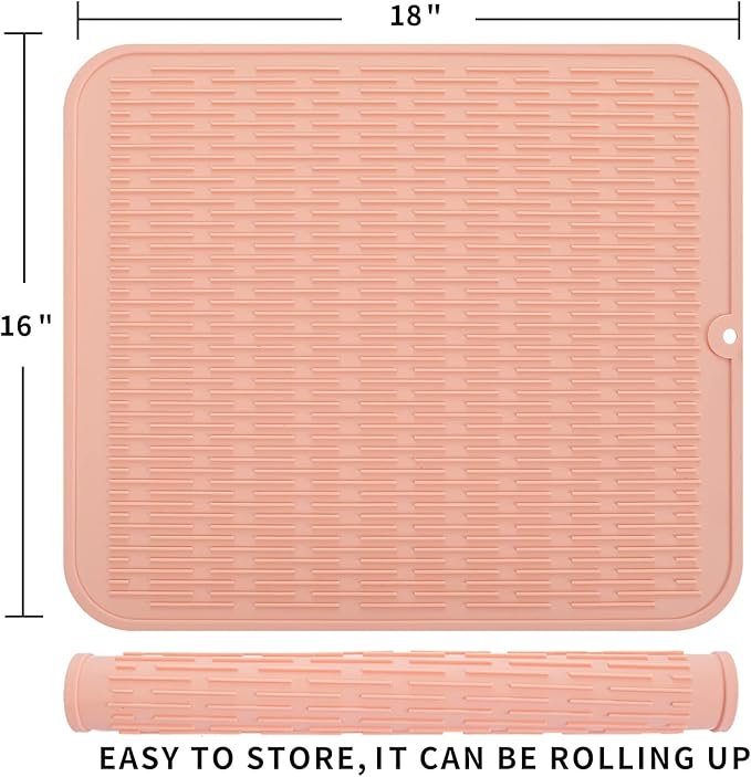 Silicone Dish Drying Mat for Multiple Usage,Easy clean,Eco-friendly,Heat-resistant Silicone Mat for Kitchen Counter or Sink,Refrigerator or Drawer Liner Pink XL 18 inches x 16 inches - Bloomnest