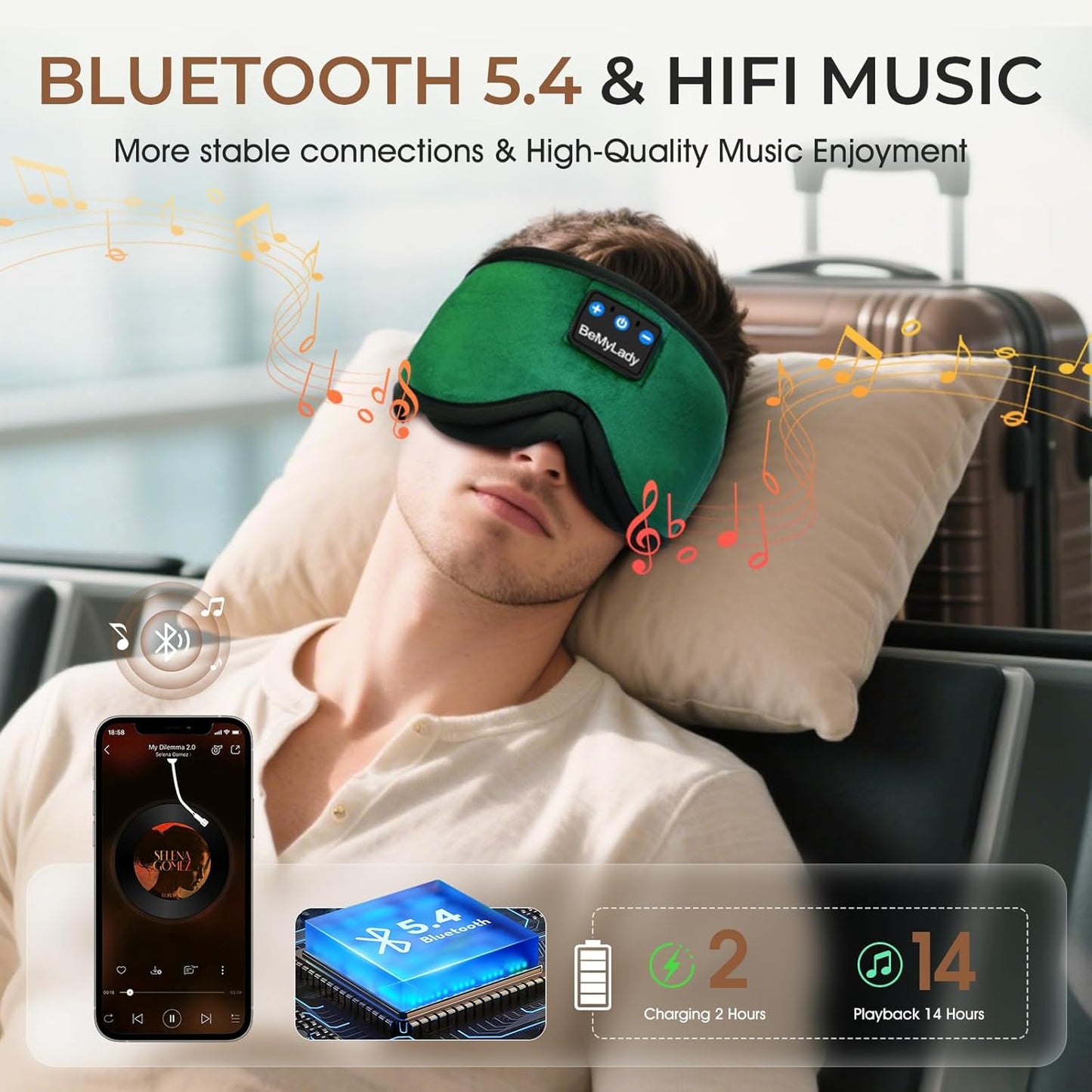 Sleep mask Headphones,100% Blackout 3D Zero Eye Pressure Bluetooth Sleep mask Breathable Eye mask with Bluetooth Headphones Sleep Headphones for Side Sleepers 14H Playtime&Bluetooth 5.4 Green
