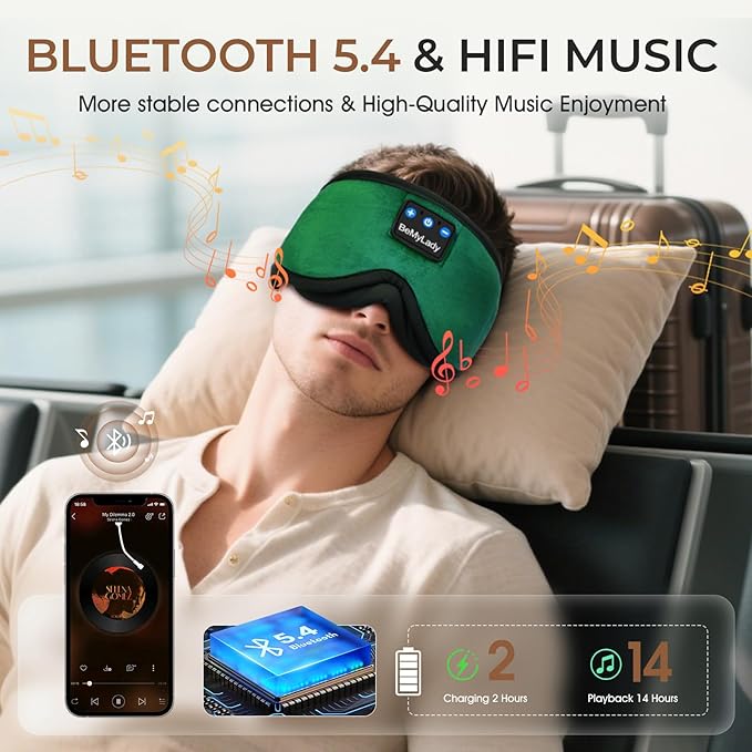 Sleep mask Headphones,100% Blackout 3D Zero Eye Pressure Bluetooth Sleep mask Breathable Eye mask with Bluetooth Headphones Sleep Headphones for Side Sleepers 14H Playtime&Bluetooth 5.4 Green - Bloomnest