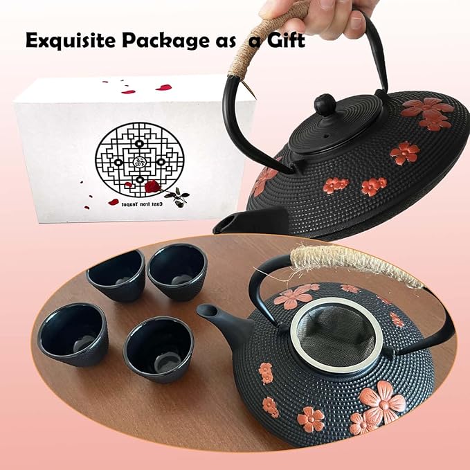 Cast Iron Teapot Set with Gift Pakckage, Pear Flower Tea Pot, Japanese Style Tetsubin Tea Gift Set, 4 Cups, Trivet and Lid Holder