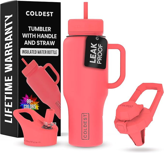 Coldest Tumbler with Handle and Straw - 100% Leak Proof Insulated Tumbler with Lid and Straw (3 Lids) - Stainless Steel Tumblers for Women & Men - Cup Holder Friendly Base, 36 oz (The Cardinal) - Bloomnest