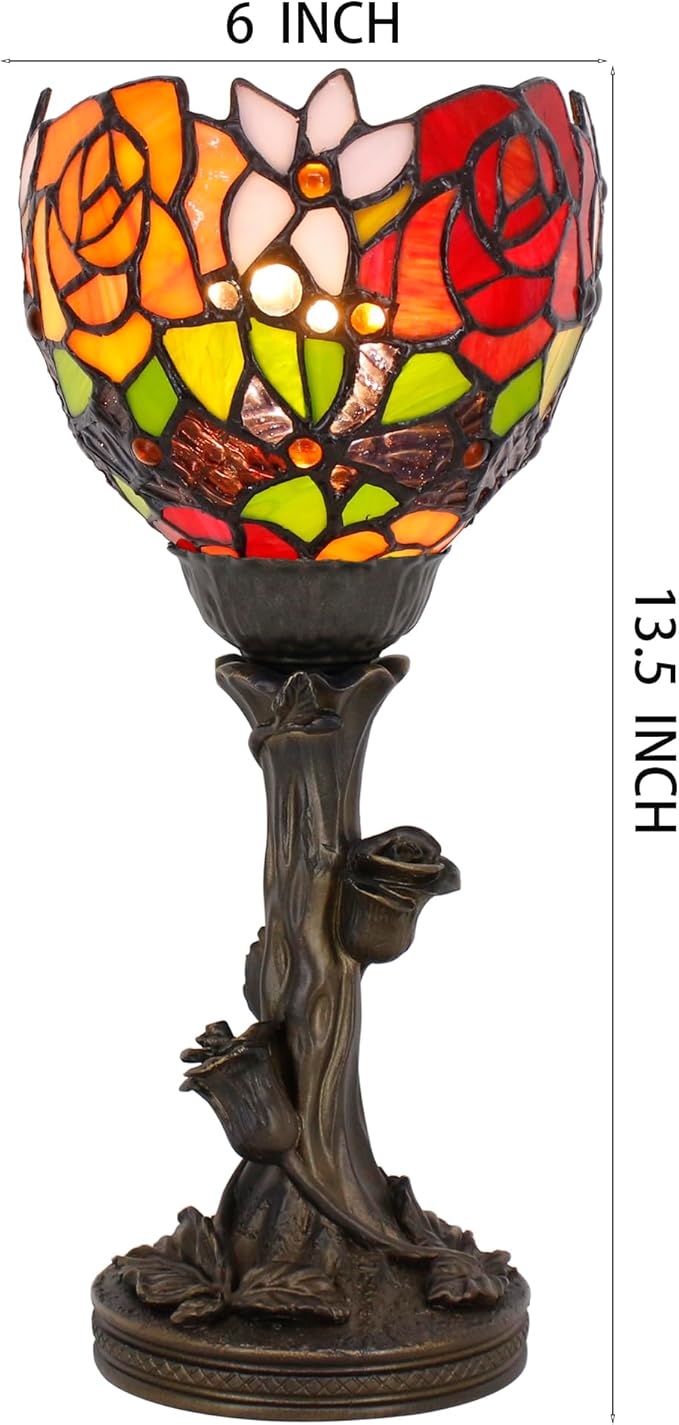 Small Tiffany Lamp Mini Stained Glass Table Lamp Red Rose Accent Desk Uplight W6H 13.5 Inch Bronze Resin Base - Bloomnest