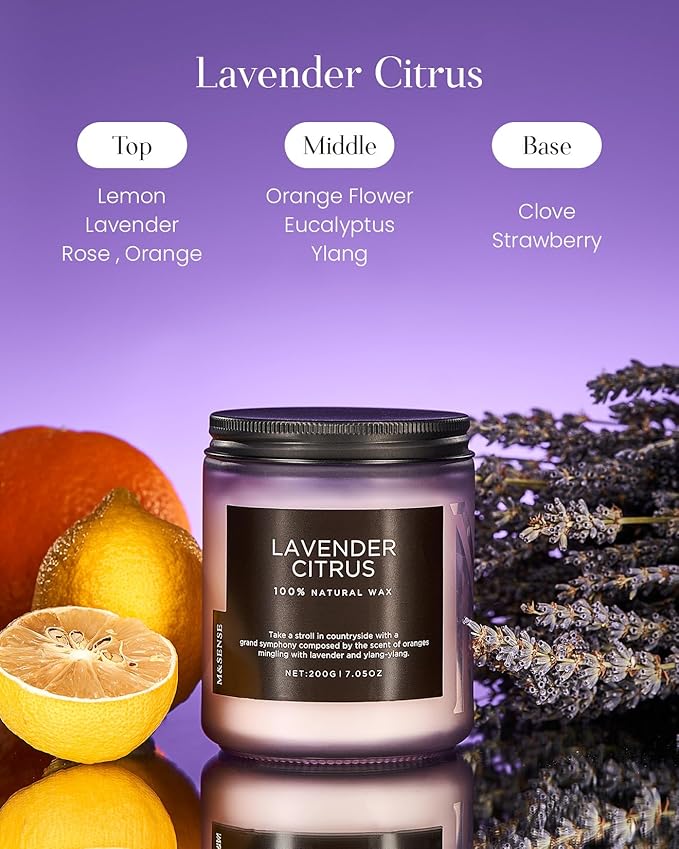 M&SENSE Lavender Citrus Scented Candle, Natural Soy Wax for Home Scented, Stress Relief 7.05oz 50H Burn Time Aromatherapy Candle Gift for Mom Friends Teacher & Spa Bath Yoga - Bloomnest