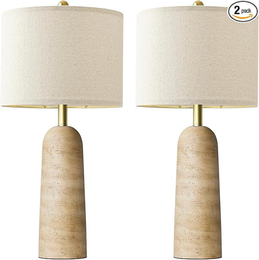 BOBOMOMO 27.25" Modern Table Lamp Set of 2, Beige Resin Lamp with Natural Stone Look, Travertine Lamps for Living Room with Linen Shades, Bedside Lamp for Bedroom, Living Room, Nightstand, Entryway - Bloomnest