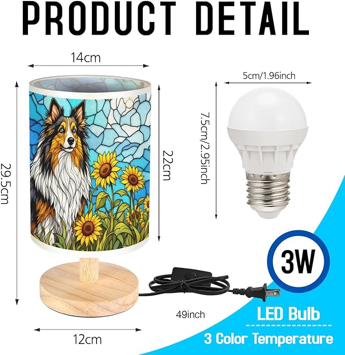 Shetland Sheepdog Table Lamp LED 3-Color Pressed Bedside, Dog Shade Lamp with Wood Base for Bedroom Living Room Desk Office - Bloomnest