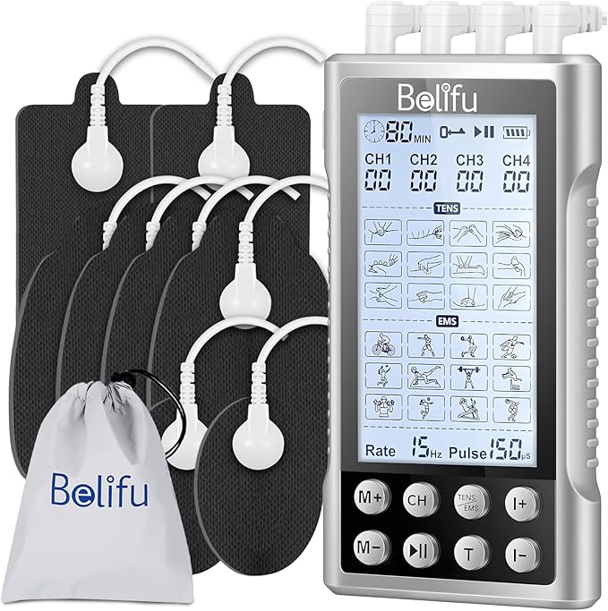 Belifu 4 Channel TENS EMS Unit – 24 Massage Modes & 30 Intensity Levels, Rechargeable Electric Pulse Muscle Stimulator with 10 Pads & 5 Lead Wires for Pain Relief & Therapy, Color Silver Belifu