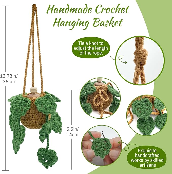 Crochet Car Air Freshener, 15ml Empty Refillable Oil Diffuser Bottle with Hanging Crochet Plant for Car Rearview Mirror Decor, Handmade Home&Office Decor - Bloomnest