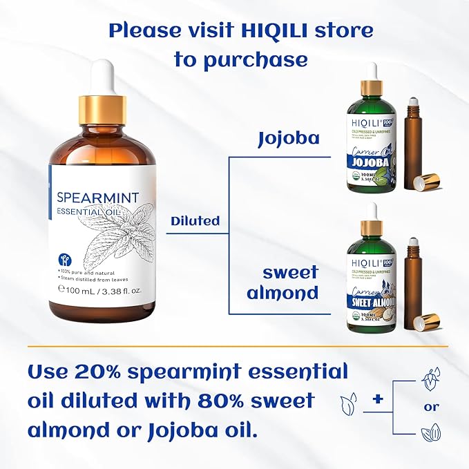 HIQILI 100ML Spearmint Oil for Skin Care, Facial, Can be Added to Lotions, Creams -100% Pure Natural Treatment Grade - 3.38 Fl Oz - Bloomnest