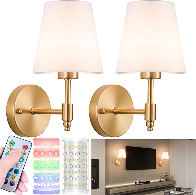 Battery Operated Wall Sconces Set of Two, Wireless Battery Wall Light with 10000mAh RGB Dimmable Magnetic Bulb and Remote, Rechargeable Sconce Wall Decor for Bedroom Living Room Hallway - Bloomnest