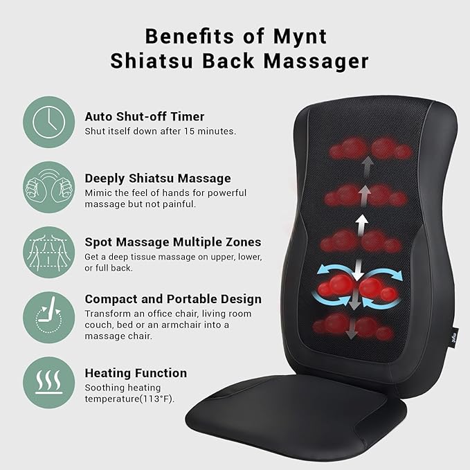 Mynt Black Acupressure Massage Chair Pad with 4 Deep Kneading Nodes, Shiatsu Back Massager for Chair with Heat, Heated Back Massage with a Cushion for Deep Tissue, Gift for Christmas - Bloomnest