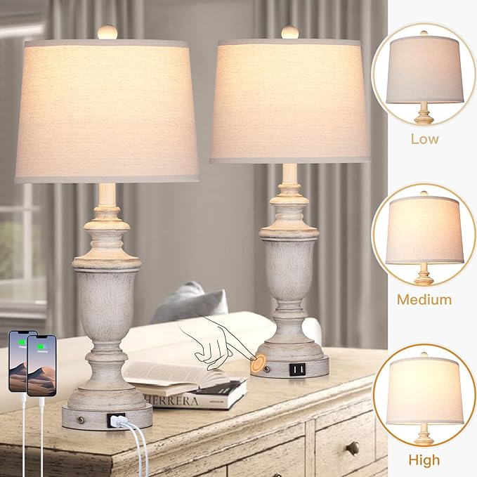 Farmhouse Table Lamps Set of 2 with USB Charging Port for Rustic Living Room Retro Bedroom,3-Way Dimmable Touch Lamp Resin Bedside Lamps for Nightstand Side End Table,Color 2 - Bloomnest