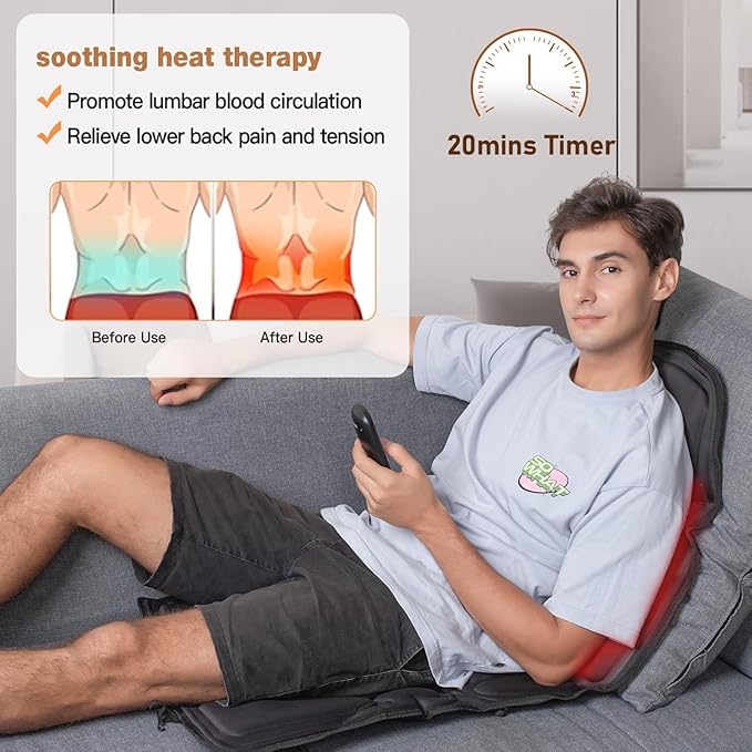 Back Massage Chair Pad, Back Massager with Heat for Pain Relief, Chair Massager for Full Body Massage, Deep Tissue Vibration Massger with 2 Adapters, Chair Massager for Office and Recliner - Bloomnest