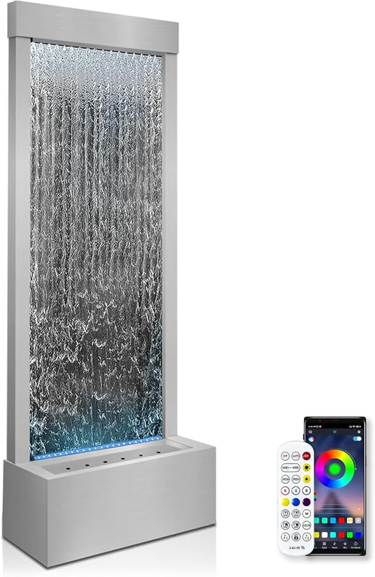 LONGRUN Mirror Waterfall Fountain Indoor, 48" Water Feature With 7 Colors Light, Self-Contained LED Kit, Large Stainless Steel Home Decor - Bloomnest