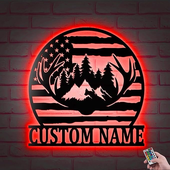 Lovely POD Personalized Metal Sign, Custom Us Deer Forest Hunting V1 Metal Wall Art Led Light, Personalized Hunter Name Sign Decoration For Home, Deer Hunting Home Decor - Bloomnest