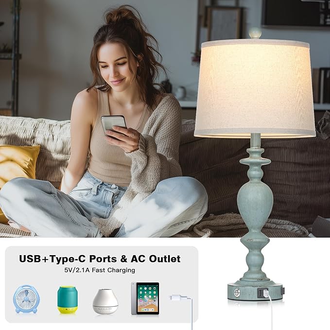 27.5" Coastal Table Lamp for Living Room Set of 2,Retro Blue Bedside Nightstand Lamps with USB C+A Ports & AC Outlet,3-Way Dimmable Touch Control Desk Lamp for Bedroom - Bloomnest