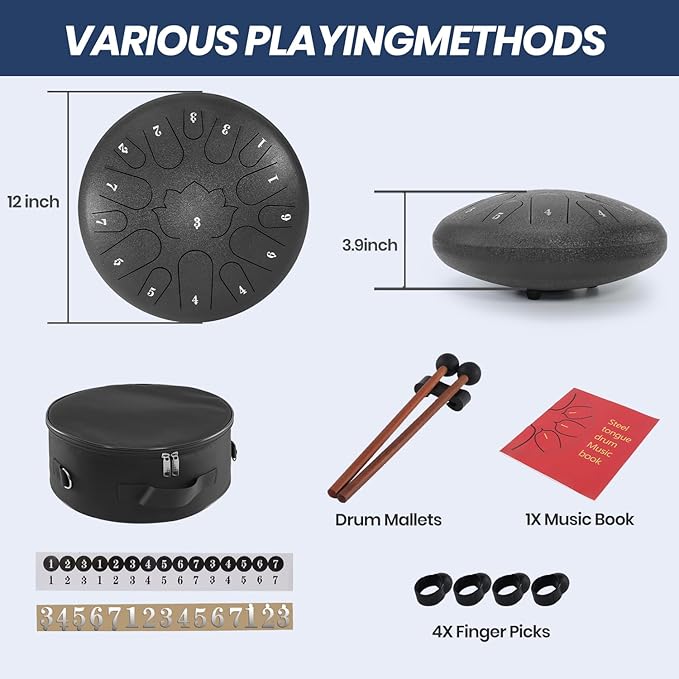 Steel Tongue Drum, 12 Inch 15 Notes Outdoor Rain Drum, Hand Pan Drums, with Music Book, Handpan Drum Mallet, and Carry Bag (Black, 12 Inch)